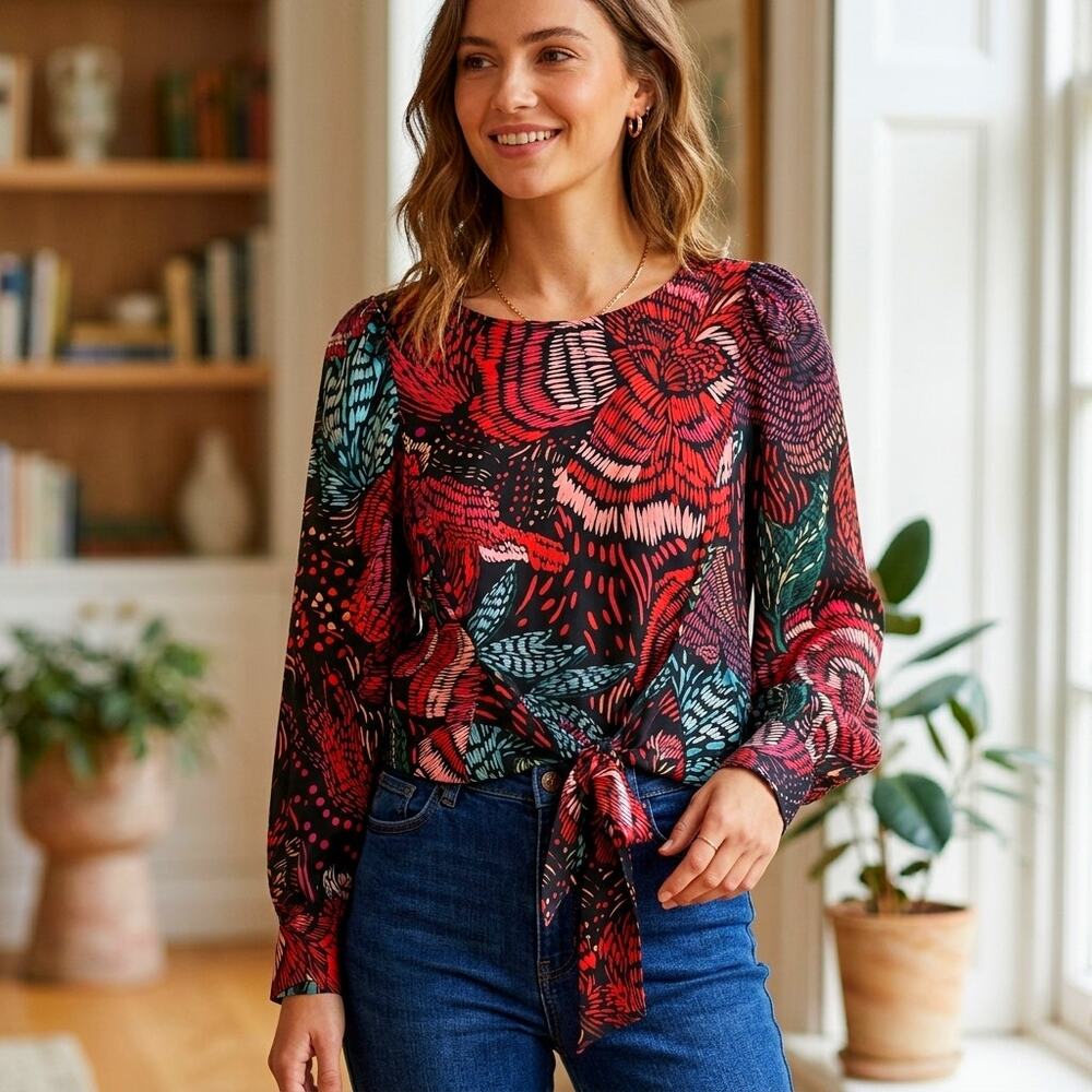 Hutch Anthropologie Long Sleeve Blouse Abstract Floral Print Tie Front Medium